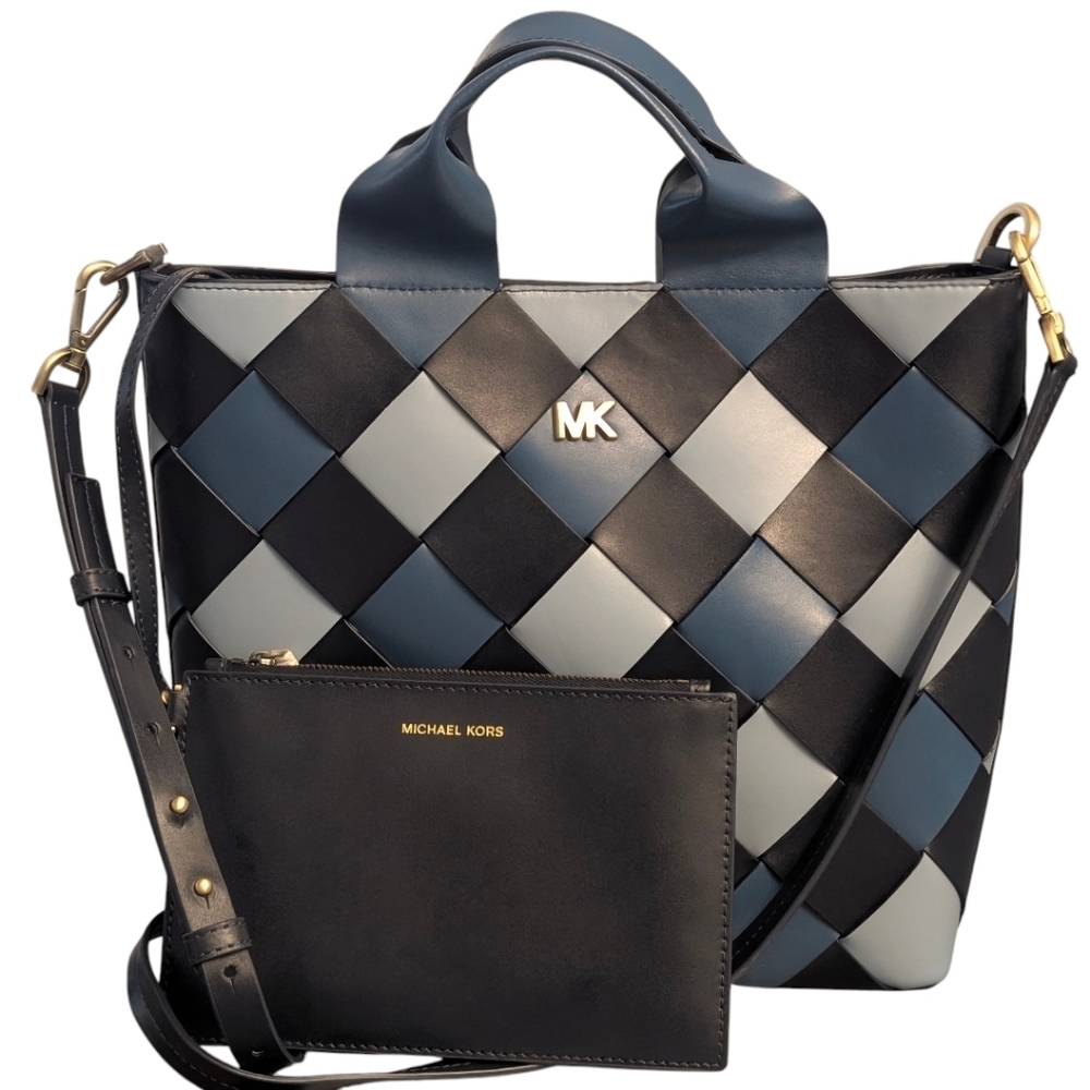 Michael Kors Mott Woven LeatherMarket Tote ADMIRAL Multi, Blue Black